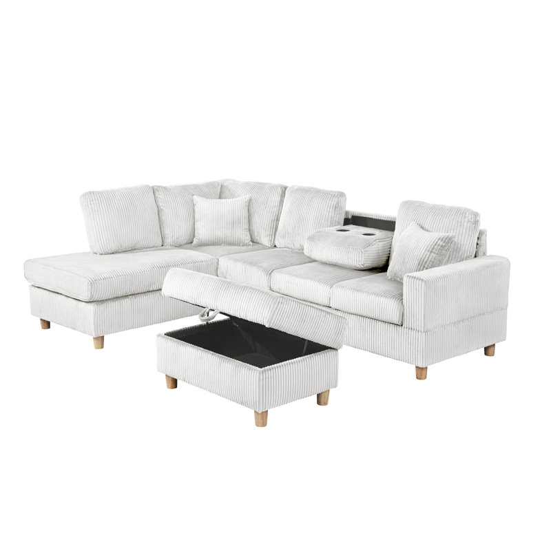 3Pc Velvet Corduroy Reversible Sectional With Chaise, Drop Down Table, And Storage Ottoman, Light Gray Velvet