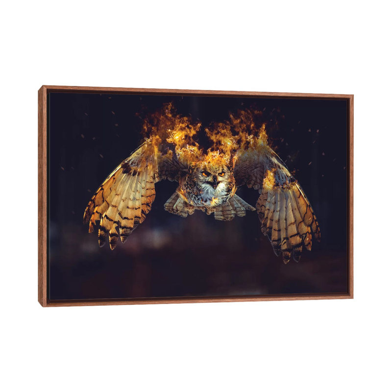 Owl On Fire by Paul Haag - Print on Canvas, 101.6 cm H x 66.04 cm W, Classic Brown Wood Framed
