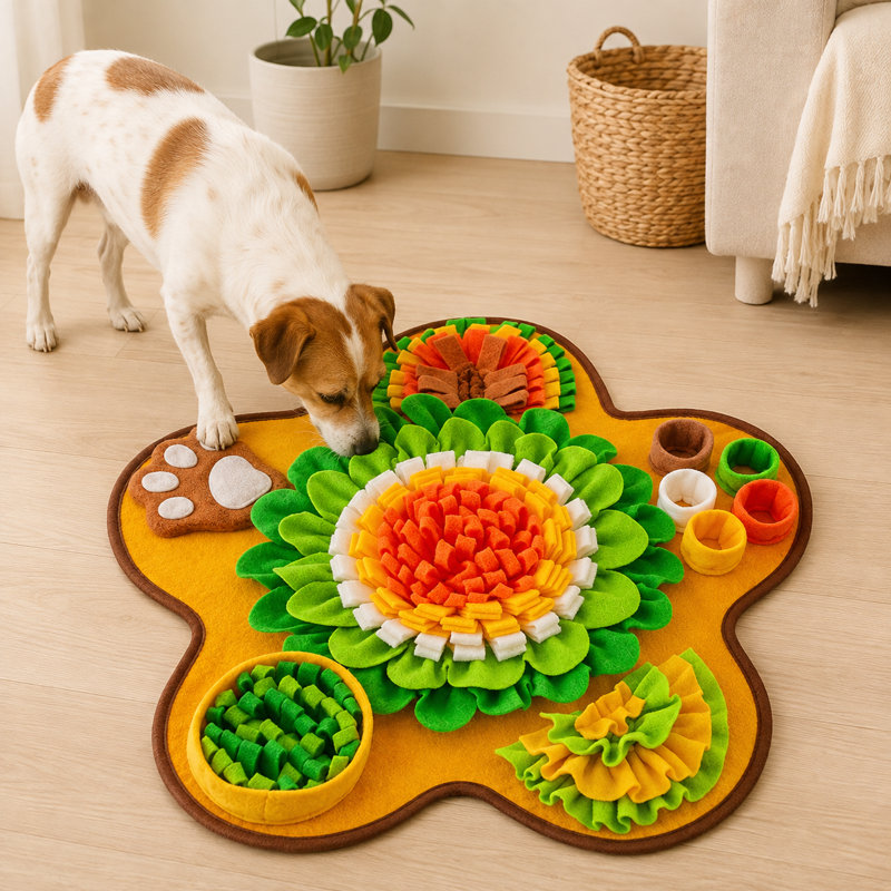 Tapis de jeu Dog Snuffle avec couineur - jouet de recherche de nourriture interactif, alimentation lente avec pétales de cache-cache, sangles antidérapantes pour le fond et l'attache, pour petits et moyens chiens et chats (forme d'os / de fleur)