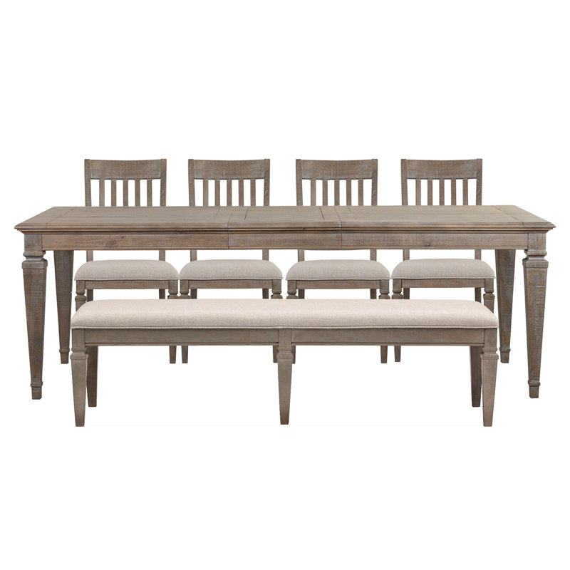 Extendable Rectangular Dining Table With 4 Side Chairs And Bench, 6 Pcs: Table, 4 Chairs, Bench, Brown/Beige