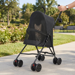 Poussette noire pliable pour animaux avec aération en filet et porte-gobelet pour petits chiens et chats