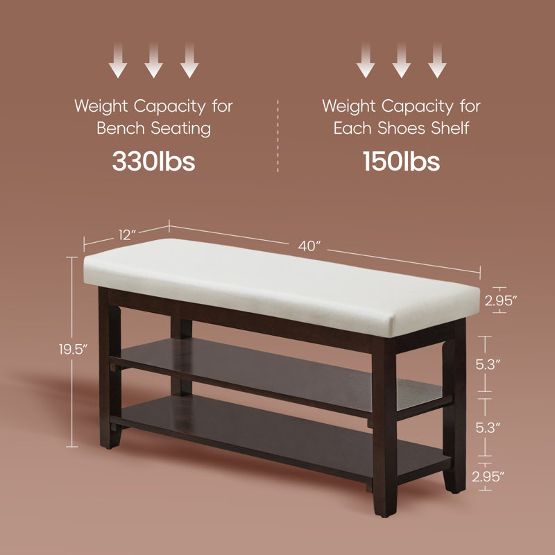 40" Solid Wood Shoe Bench with Cushion, 2-Tier Entryway Storage Bench, White