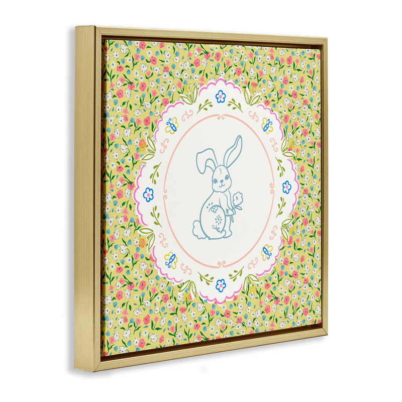 Cadre flottant Floral Spring Bunny & Sprig, design par Angela Steahling, H 18 po x l 18 po, Cadre flottant métallique doré