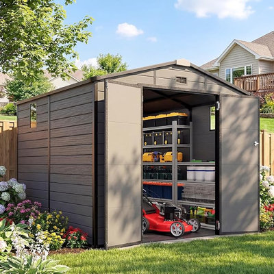 8x8 FT Resin Storage Shed with Floor, Outdoor Plastic Storage Shed with Lockable Door & Window, Utility Shed for Garden Tools, Bike Accessories, Lawn Mower