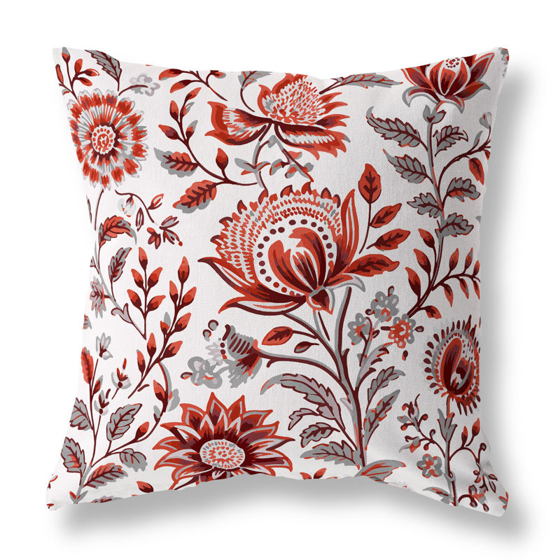 Red and Gray Floral Faux Suede Square Throw Pillow