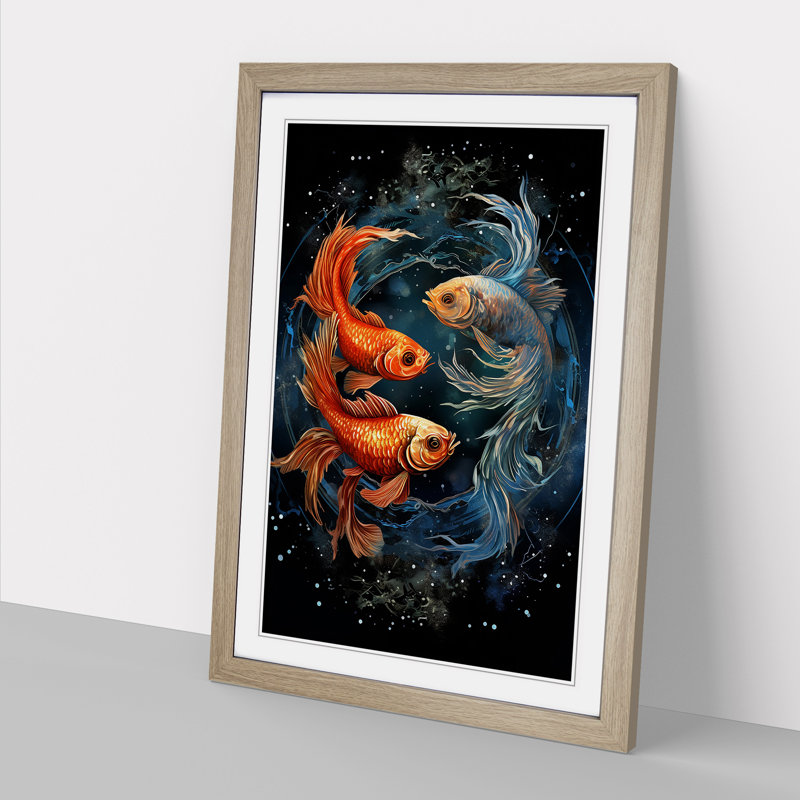 Pices Fish Informel - Single Picture Frame Print on Wood, Oak, 34cm H x 25cm W x 2cm D