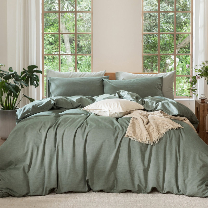 MooMee Lightweight Duvet Cover Set with Zipper Closure 8 Ties 100% Washed Cotton Linen Like Textured Soft Breathable All-Season