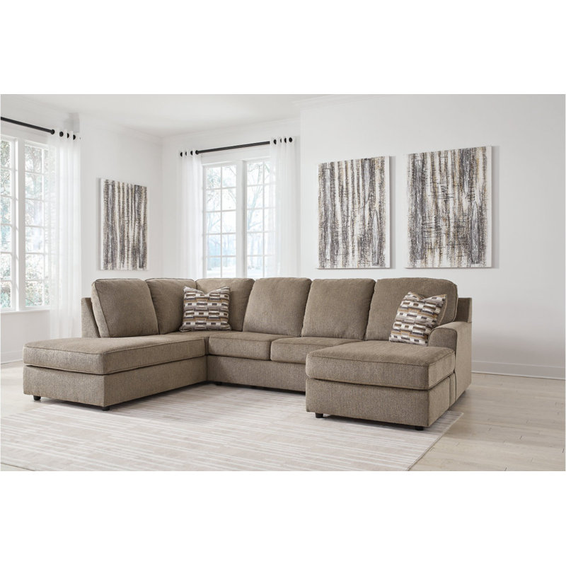 Canapé modulaire 2 pièces avec méridienne Akaycia, Polyester brun, Orienté à gauche (vu de face)