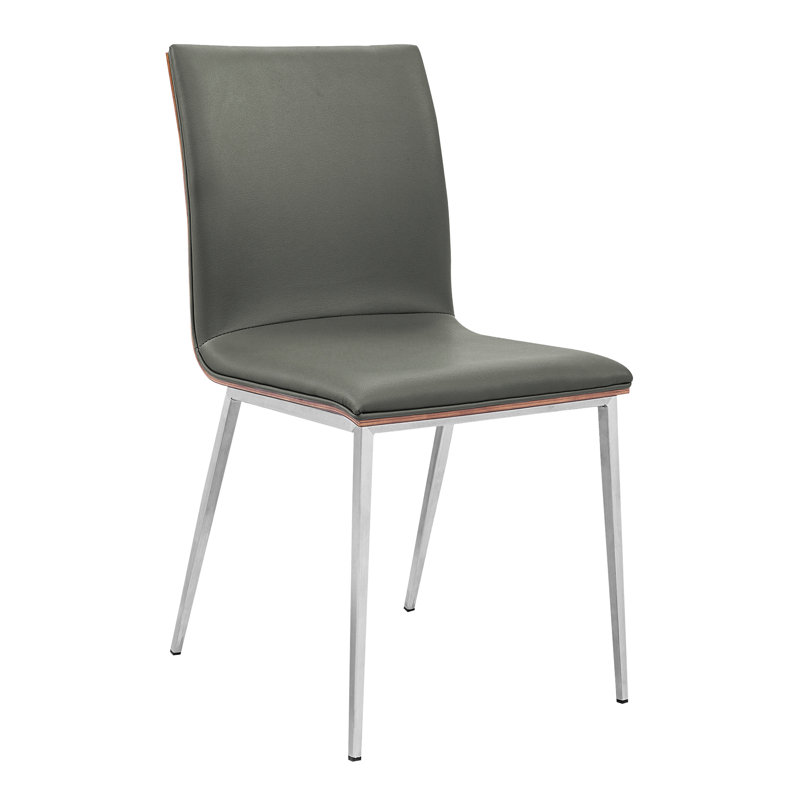 Bjorn Armless Dining Chairs in Brushed Stainless Steel Finish and Walnut Back, Grey PU/Walnut