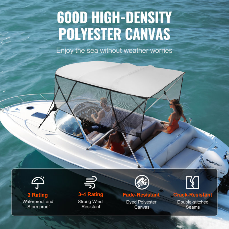 Light Gray 4 Bow Bimini Top Boat Cover with Mesh Sidewalls and Aluminum Frame