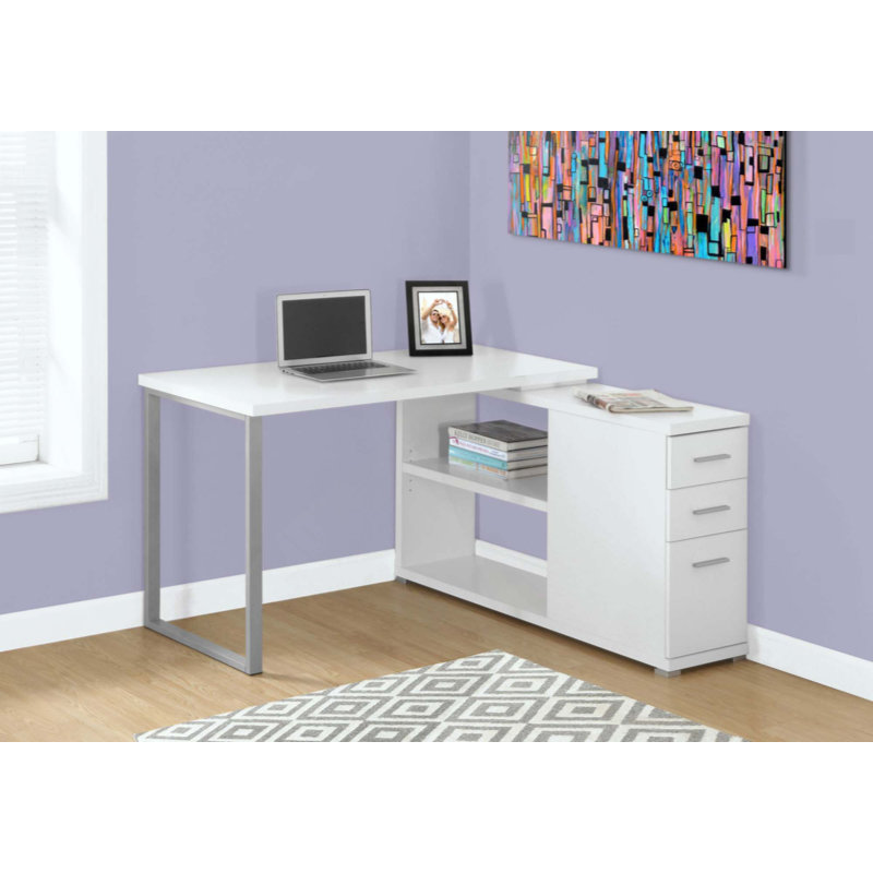 Bureau d'ordinateur, bureau personnel, coin, gauche, configuration à droite, tiroirs de rangement, forme en L, travail, ordinateur portable, métal, contemporain, moderne