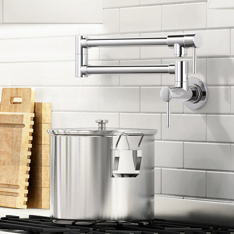 Wall Mount Folding Kitchen Pot Filler Faucet, Brushed Chrome