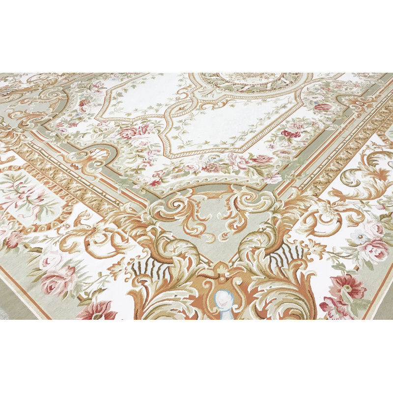 Hand-Knotted High-Quality Green and Ivory Area Rug