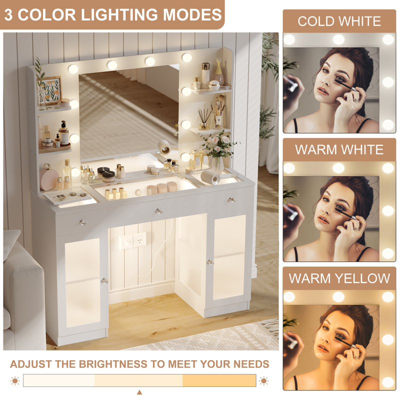 Meuble-lavabo avec plateau en verre IFSEB, bureau de coiffeuse blanc avec miroir et lumières, grand meuble-lavabo avec tiroirs et armoires pour la chambre à coucher, meuble-lavabo mignon avec boutons en cristal et prise de courant pour femme