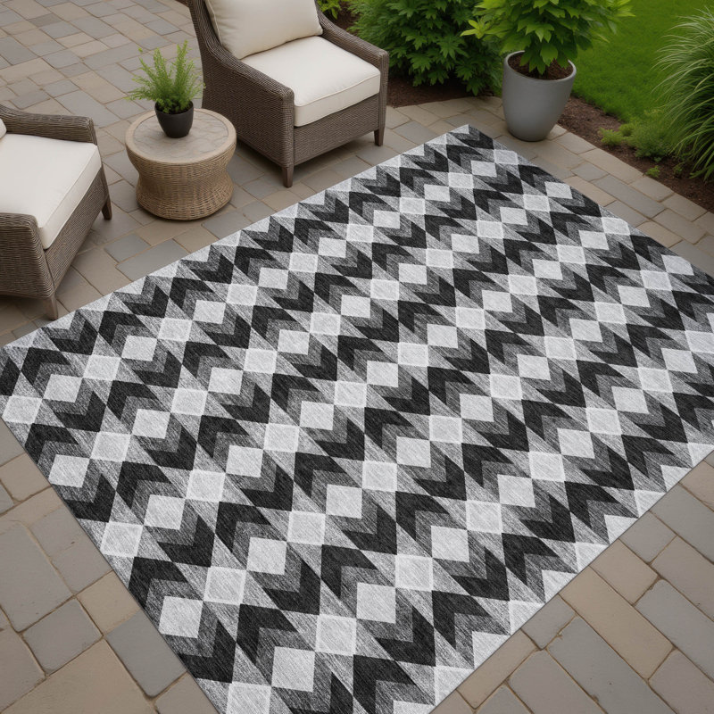 Tapis géométrique intérieur / extérieur lavable à la machine Chantille ACN2687, Noir, 9 pi x 12 pi