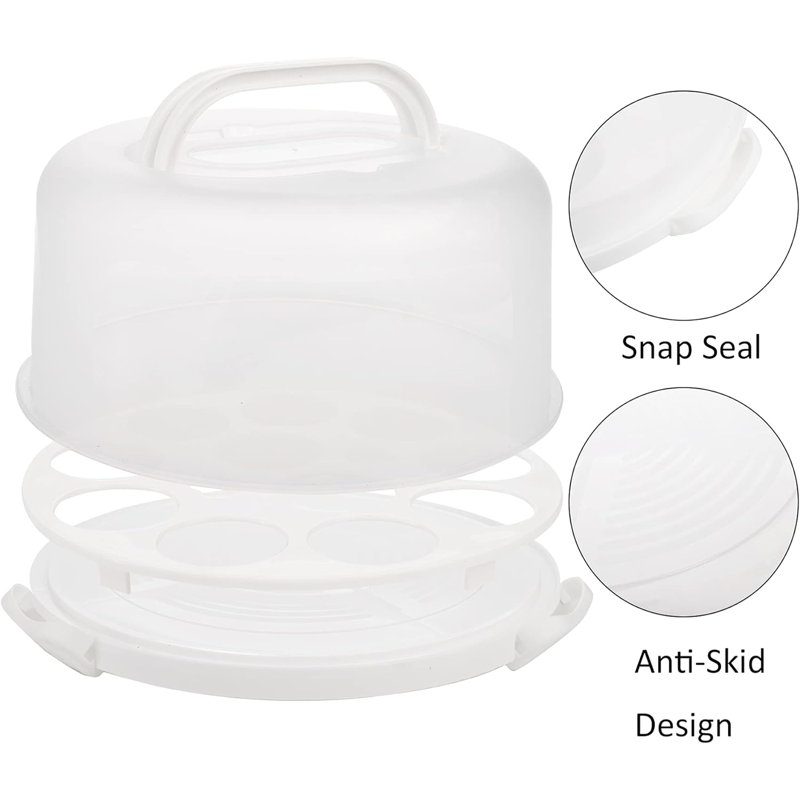 Cake Carrier with Collapsible Handle - White Cake Container and Holder with Lid