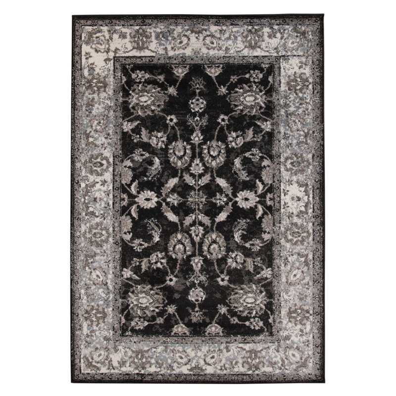 2' X 3' Black Floral Power Loom Area Rug