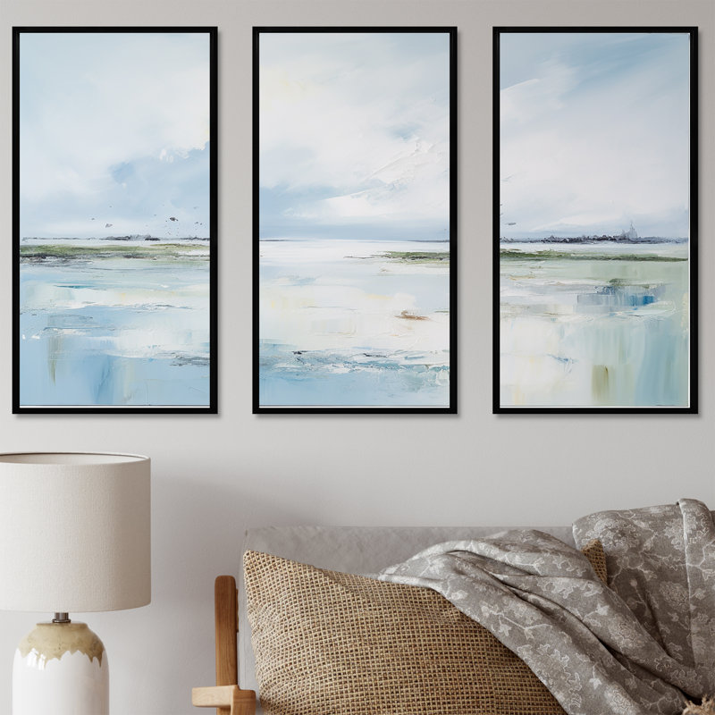 «Soft Color Beach Horizon - Coastal Minimalisme», ensemble d'art mural, Cadre flottant noir, H 40 po x l 60 po x P 1 po
