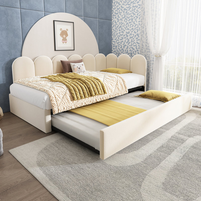 Upholstered Bed Daybed With Pull-Out Bed, Twin Size Single Sofa Bed,Guest Beds, Beige