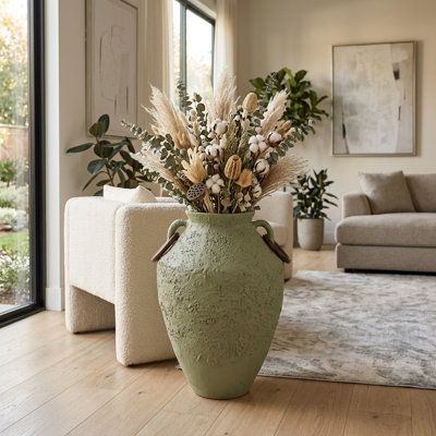 Rustic Pottery Ecomix Textured Amphora Floor Flower Vase for Home Decor - Contemporary Tall Design for Coffee Table and Shelf Accent - 28", Green