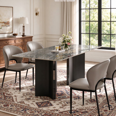 63" Modern Retangular Dining Table With Glossy Grey Sintered Stone Table Top, Luxury Kitchen Table With Stainless Steel Legs For 6