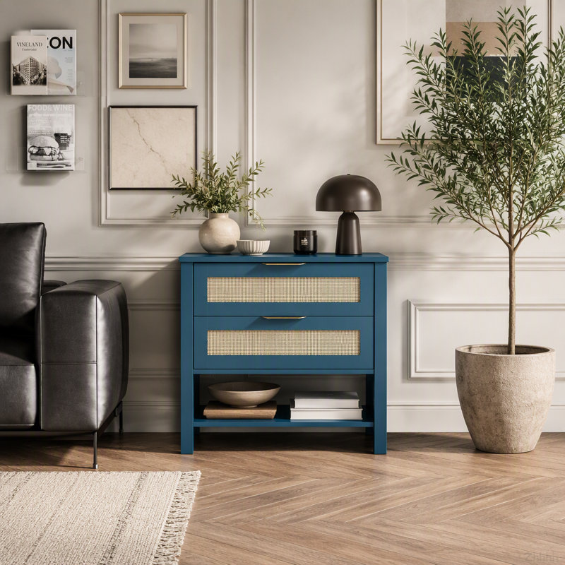 Table de chevet étroite en rotin avec 2 tiroirs et tablette de rangement Boho, Turquoise
