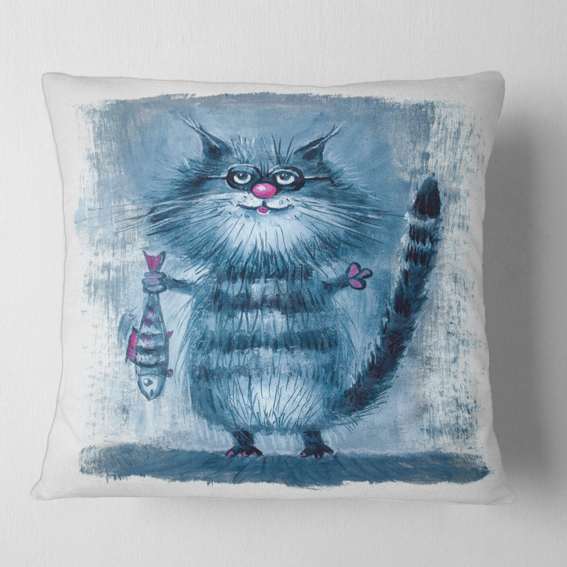 Housse de coussin carré avec un chat tenant un poisson dans ses griffes, 18" x 18"