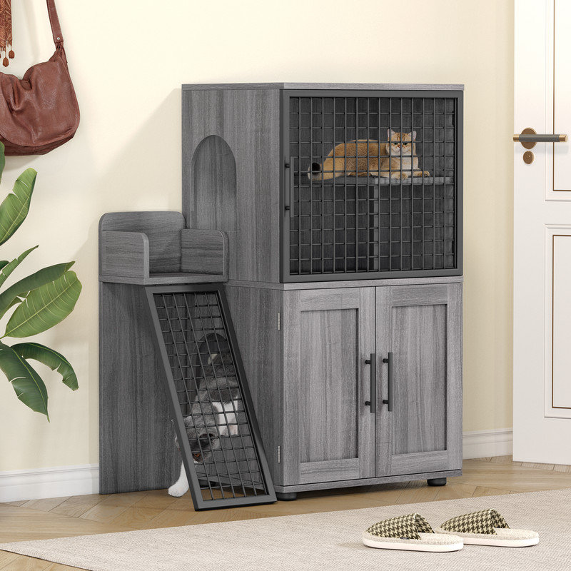 Modern Cat Litter Box Enclosure Furniture with Platform, 41.9" Double Layer Hidden Cat House with Ladder, Indoor Washroom Villa Cabinet for Large Cats