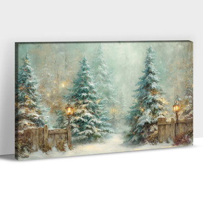 Large Winter Landscape Wall Art - Snowy Christmas Tree Pictures Wall Decor, Vintage Christmas Paintings for Living Room, Holiday Art Prints for Home Wrapped Canvas Print, 32×48 inches