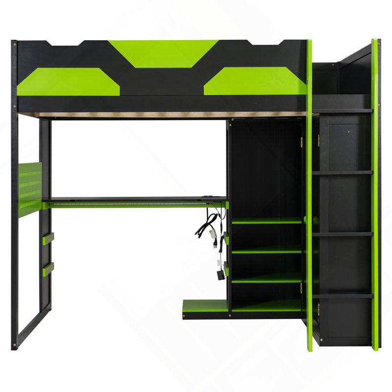 Lit mezzanine double avec bureau, tablettes multiples, lumières USB et RVB, vert, Noir/vert