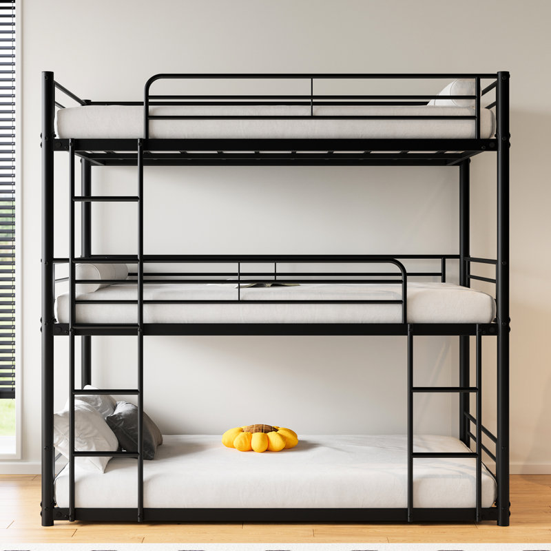 Structure de lit superposé simple noir triple, au-dessus de la conception, deux échelles pour faciliter l'ascension, barrières de sécurité pleine longueur, lit silencieux, structure en métal, accès, lits supérieurs, peu encombrant dans les petites chambres
