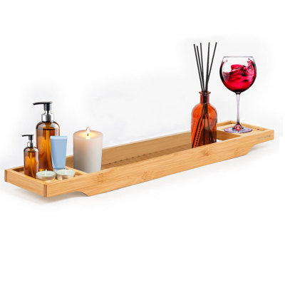 MantraRaj Bamboo Bath Caddy Tray Bridge Wooden Bathtub Tray Rack Freestanding Bamboo Bath Rack