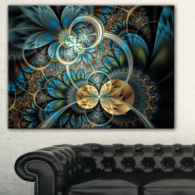" Symmetrical Blue Gold Fractal Flower ", 30" H x 40" W x 1.5" D, 36" H x 46" W x 1.5" D