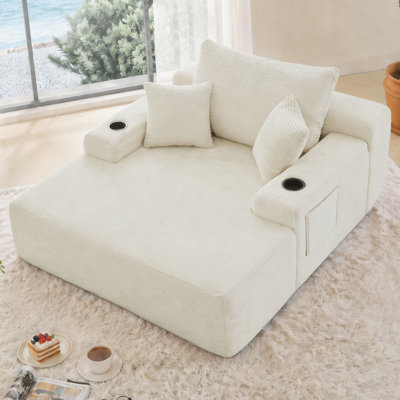 Fauteuil convertible en velours côtelé avec larges accoudoirs et coussins décoratifs, canapé-lit confortable sans dossier, avec porte-gobelet, pour chambre à coucher, aucun assemblage requis