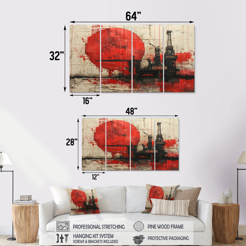 Red Black Petrochemical Pulse Oil Rigs - Ensemble de salon d'art mural, H 28 po x l 48 po