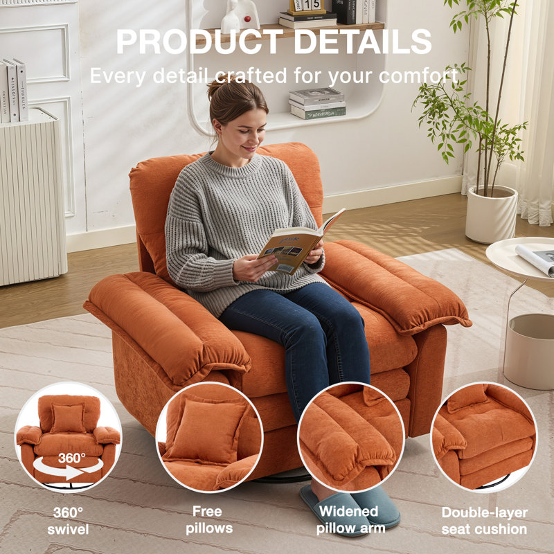  360° Swivel Chenille Accent Chair Upholstered Single Sofa With Throw Pillow, Orange