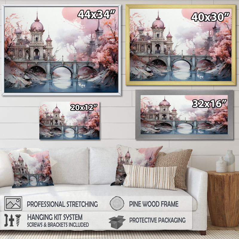 " Pink Bridge Enchanted Crossing I ", Black Floater Framed, 16" H x 32" W x 1" D