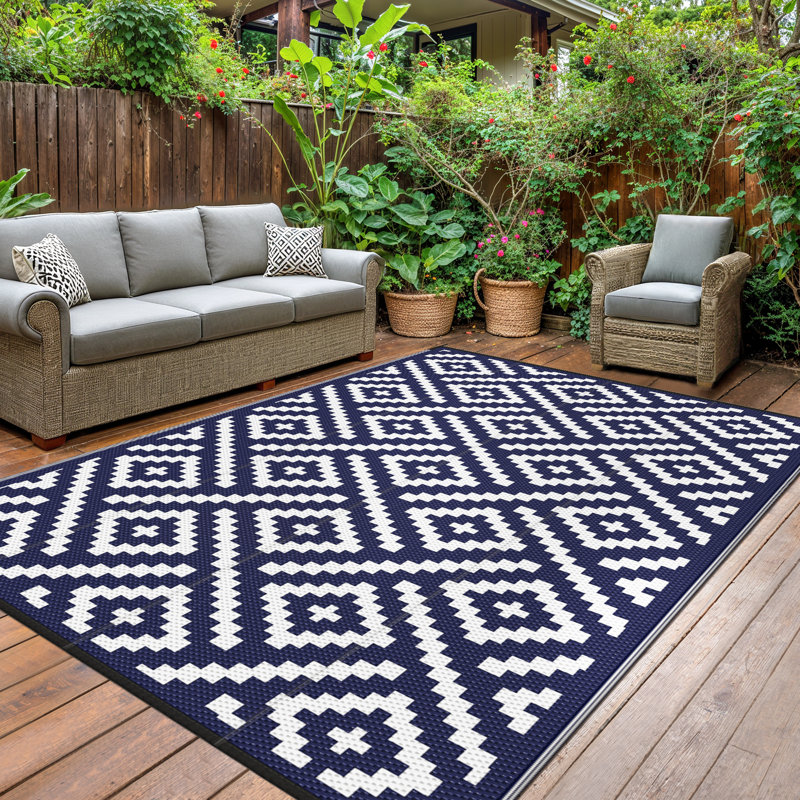 Reversible Outdoor Navy / White Waterproof Plastic Mat, Recycled P.E.T Rug, Navy Blue/White, Rectangle 6' x 9'