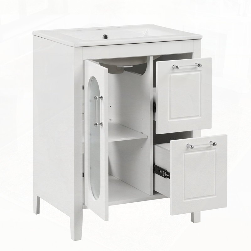 Armoire de salle de bain avec deux tiroirs et porte, Blanc