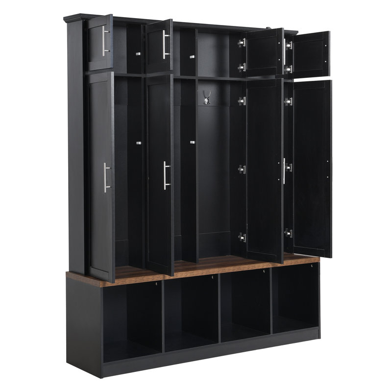 Versatile Hall Tree With 4 Hanging Hooks Wood Grain Bench With Multiple Storage Space, Entryway Cabinet With Open Compartments For Living Room, Hallway