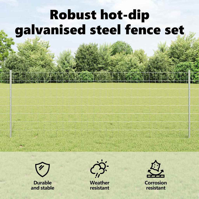 Vidaxl Fence With Posts Steel, Silver, 80cm H x 1000cm W x 2.7cm D