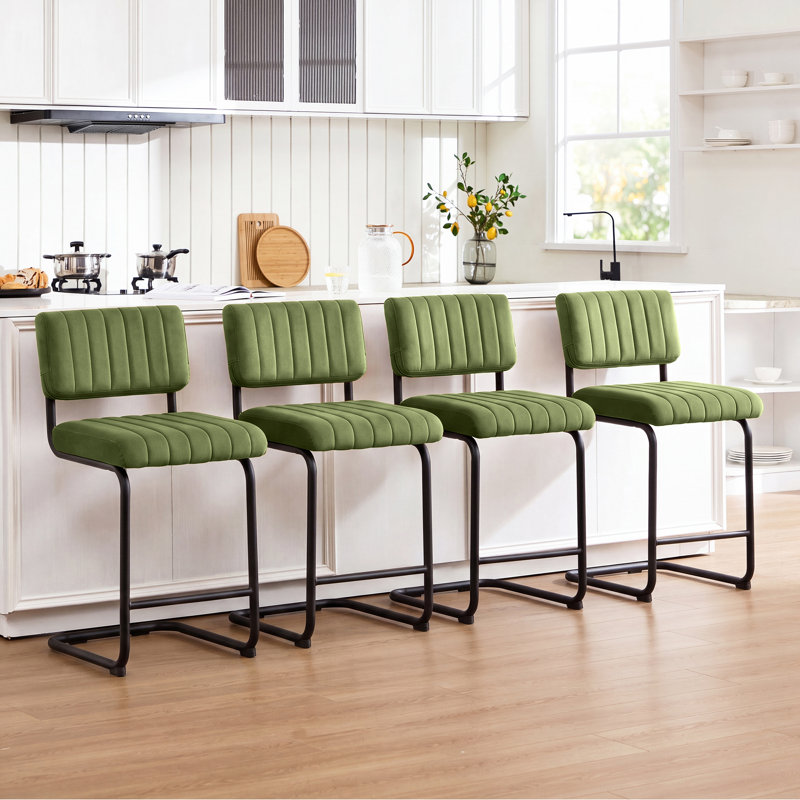 Tabouret de bar / tabouret de bar en velours capitonné à dossier bas Anatolii (ensemble de 4), Olive Green