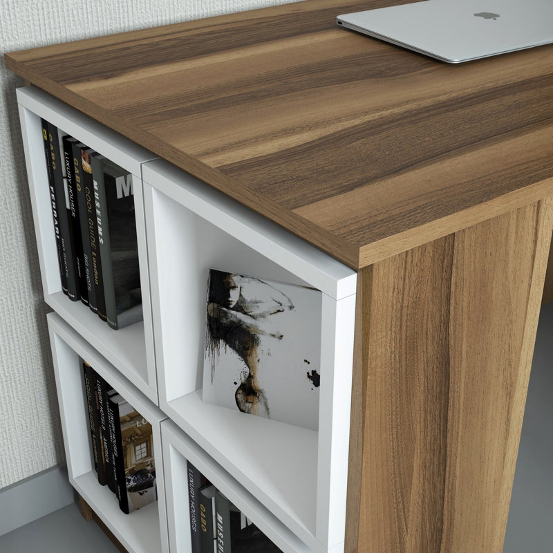 Modern Study Desk with Wall Shelf, Walnut & White, 47.2 x 29.5 x 25.6 Inches | 100% Melamine Coated Particle Board, Thickness: 0.7 Inches | Multiple Shelves, Space-Saving, Stylish Design for Home Office & Study Spaces
