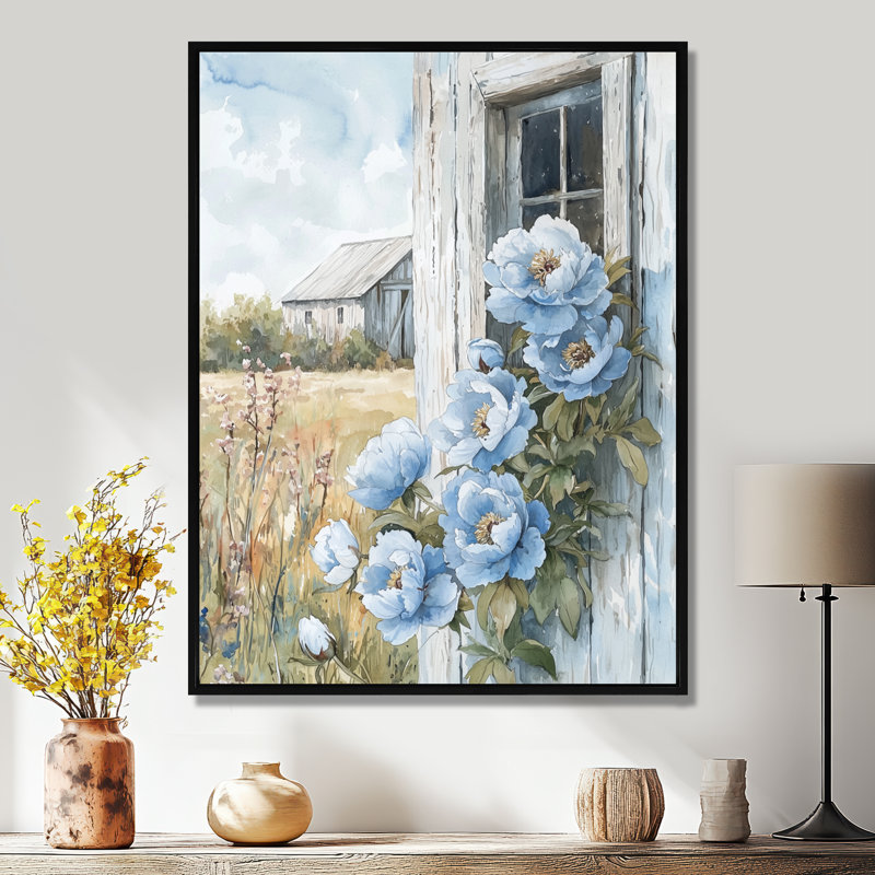Pivoines bleues par la grange - pivoines, reproduction d'art sur toile, H 20 po x l 12 po, Reproduction avec cadre flottant
