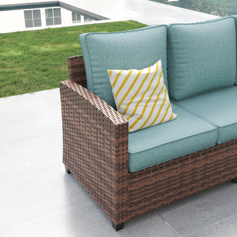 3-Person Patio Conversation Sofa, Blue Cushion/Brown Frame