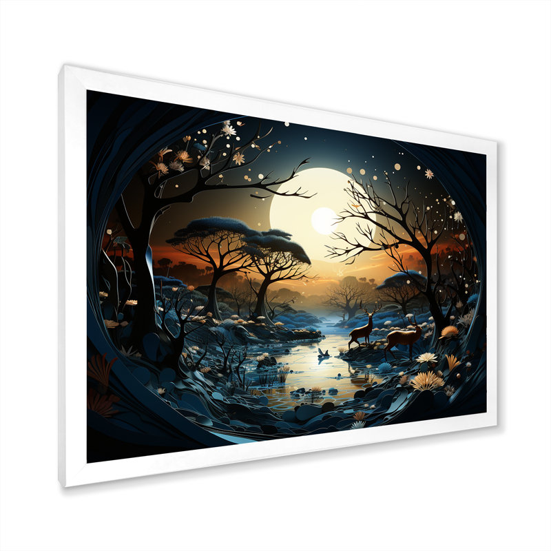 «Dreamy Moonlit Jungle I», art mural abstrait, H 16 po x l 32 po x P 1 po, Cadre de coin blanc fermé