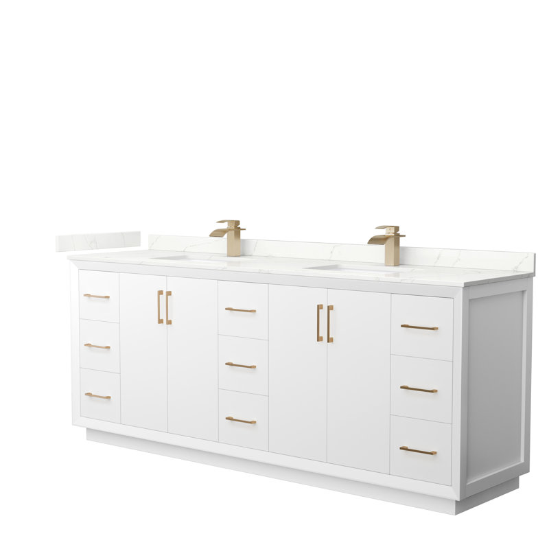 Strada 84'' Double Bathroom Vanity with Quartz Top, Satin Bronze, White, Giotto Quartz