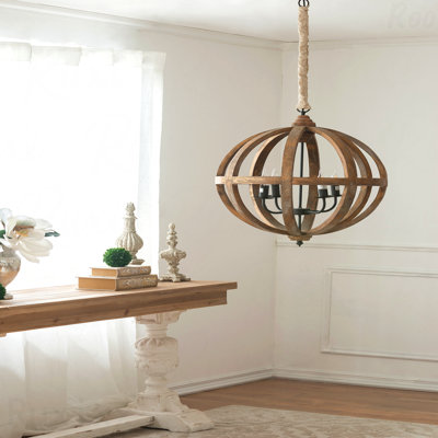 Chandelier - 4-Light Wood Hanging Light Fixture, Adjustable Chain