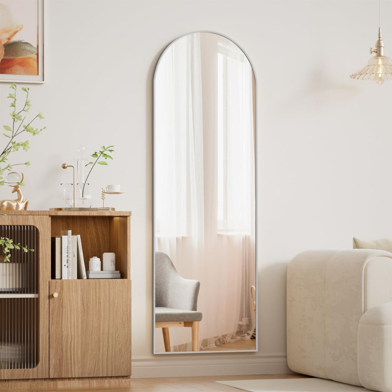 14" X 48" Adjustable Height Over The Door Full Length Mirror, Arch Shaped Hanging Mirror With Shatterproof Tempered Glass And Aluminum Frame For Bedroom, Bathroom, Dorm, Silver