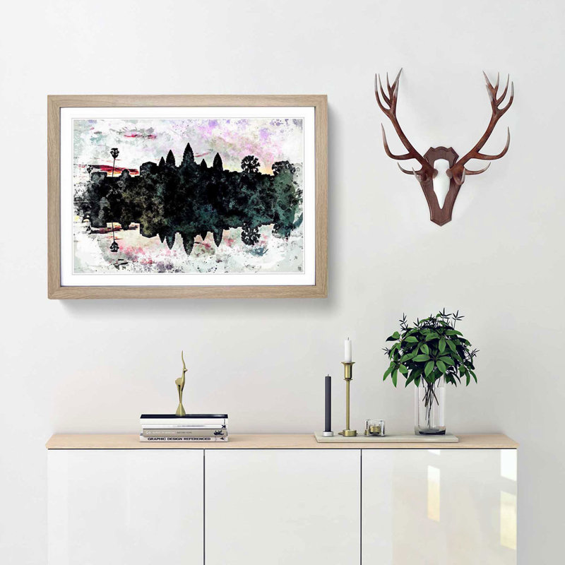Angkor Wat in Cambodia in Abstract - Picture Frame Painting Print, 62cm H x 87cm W x 2cm D, Oak Framed